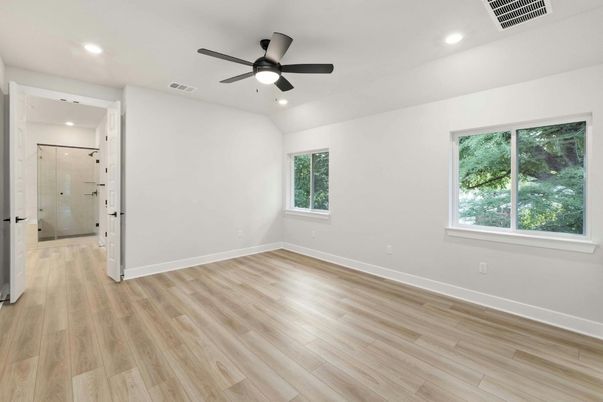 Bathroom, Empty room, Glass Shower, Interior, Recessed Lighting, Wood Texture Flooring