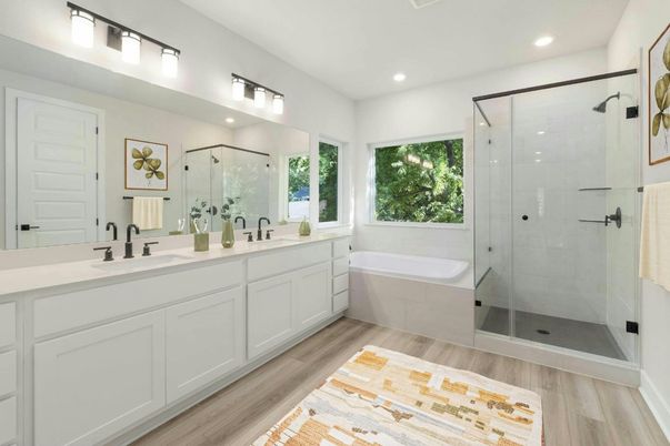 Bathroom, Dual Sink Vanities, Glass Shower, Interior, Recessed Lighting, Wood Texture Flooring