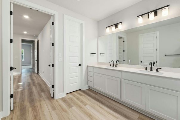 Bathroom, Dual Sink Vanities, Interior, Recessed Lighting, Wood Texture Flooring
