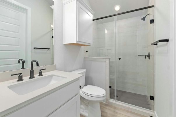 Bathroom, Glass Shower, Interior, Recessed Lighting, Wood Texture Flooring