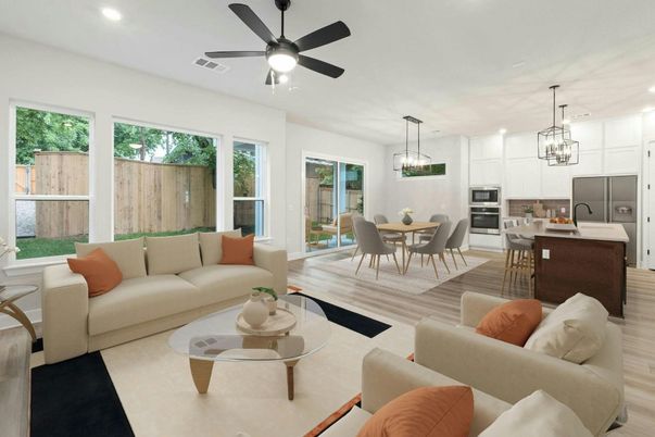 Dining room, Interior, Kitchen, Living room, Pendant Lights, Recessed Lighting, Stainless Steel Appliances, Wood Texture Flooring