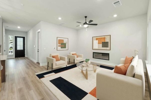 Fireplace, Interior, Living room, Recessed Lighting, Wood Texture Flooring