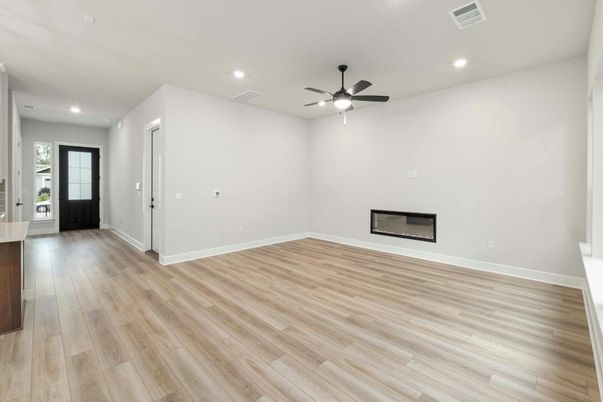 Empty room, Fireplace, Interior, Recessed Lighting, Wood Texture Flooring