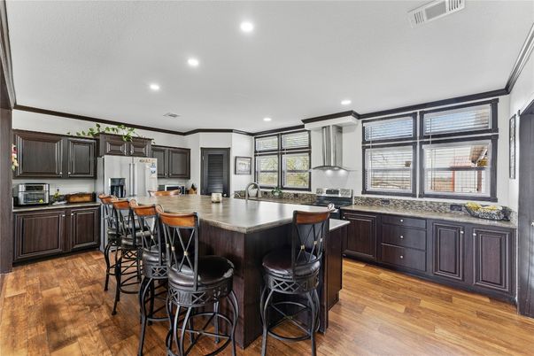 Interior, Kitchen, Recessed Lighting, Stainless Steel Appliances, Wood Texture Flooring