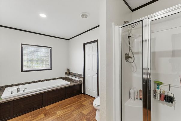 Bathroom, Glass Shower, Interior, Recessed Lighting, Wood Texture Flooring