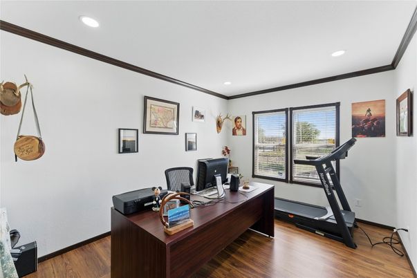 Fitness Equipment, Home Office, Interior, Recessed Lighting, Wood Texture Flooring