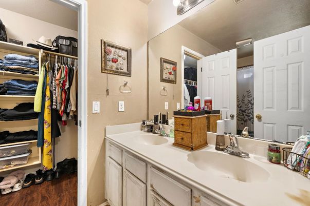 Bathroom, Dual Sink Vanities, Interior, Walk-in Closets, Wood Texture Flooring
