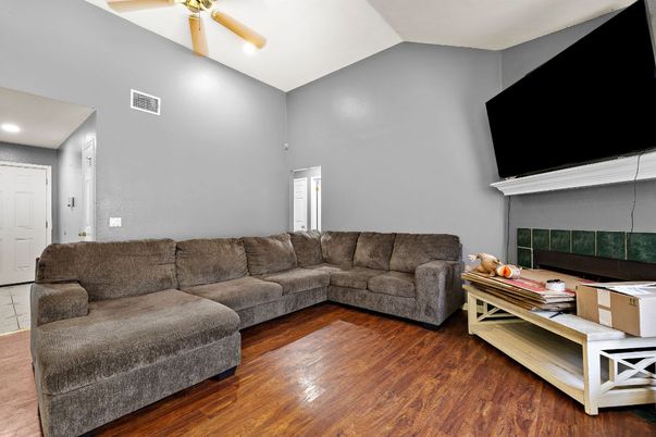 Fireplace, Interior, Living room, Recessed Lighting, Wood Texture Flooring