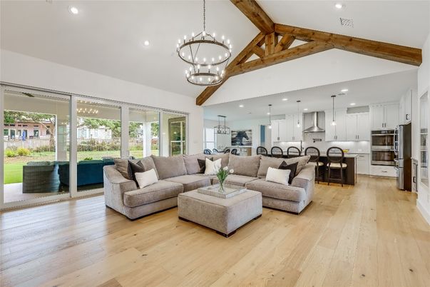 Interior, Kitchen, Living room, Pendant Lights, Recessed Lighting, Stainless Steel Appliances, Wooden Beams, Wood Texture Flooring