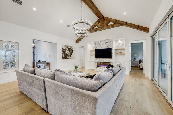 Fireplace, Interior, Living room, Pendant Lights, Recessed Lighting, Wooden Beams, Wood Texture Flooring