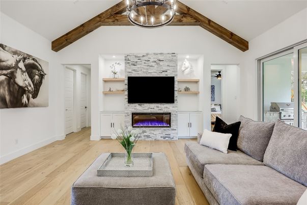 Fireplace, Interior, Living room, Stone Walls, Wooden Beams, Wood Texture Flooring