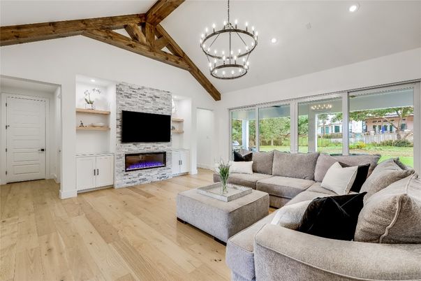 Fireplace, Interior, Living room, Pendant Lights, Recessed Lighting, Stone Walls, Wooden Beams, Wood Texture Flooring