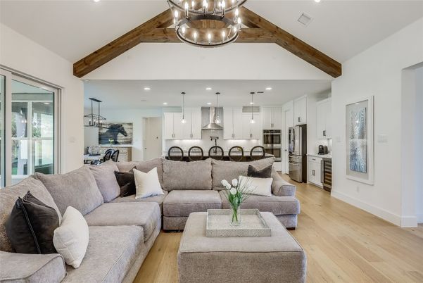 Interior, Kitchen, Living room, Pendant Lights, Recessed Lighting, Stainless Steel Appliances, Wooden Beams, Wood Texture Flooring