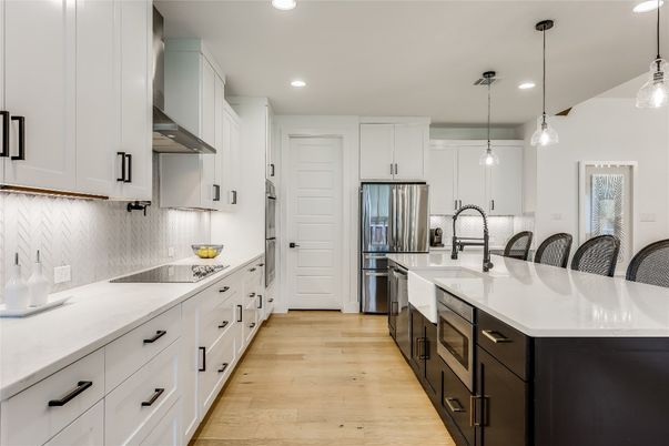 Interior, Kitchen, Pendant Lights, Recessed Lighting, Stainless Steel Appliances, Wood Texture Flooring