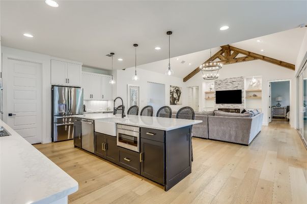 Interior, Kitchen, Living room, Pendant Lights, Recessed Lighting, Stainless Steel Appliances, Wooden Beams, Wood Texture Flooring