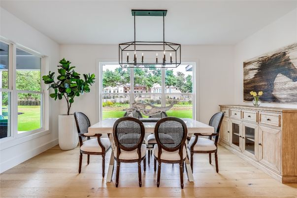 Dining room, Interior, Pendant Lights, Wood Texture Flooring