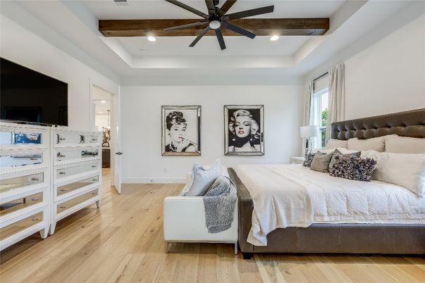Bedroom, Interior, Recessed Lighting, Wooden Beams, Wood Texture Flooring