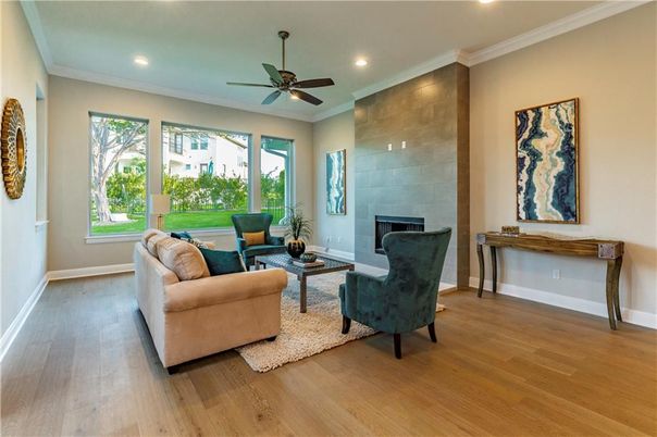 Fireplace, Interior, Living room, Recessed Lighting, Wood Texture Flooring