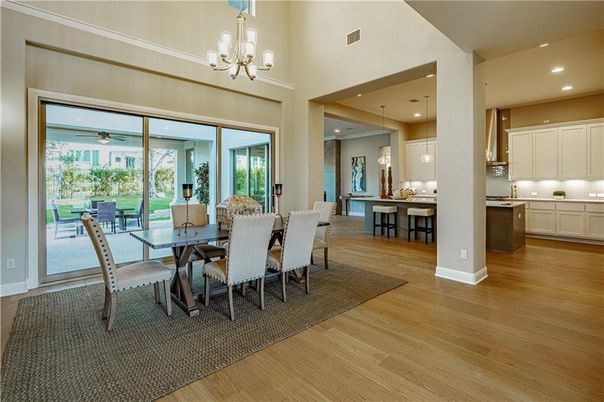 Chandelier, Dining room, Interior, Kitchen, Pendant Lights, Recessed Lighting, Wood Texture Flooring