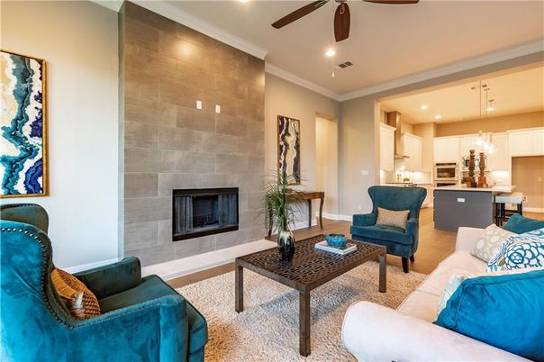 Fireplace, Interior, Kitchen, Living room, Pendant Lights, Recessed Lighting, Stone Walls