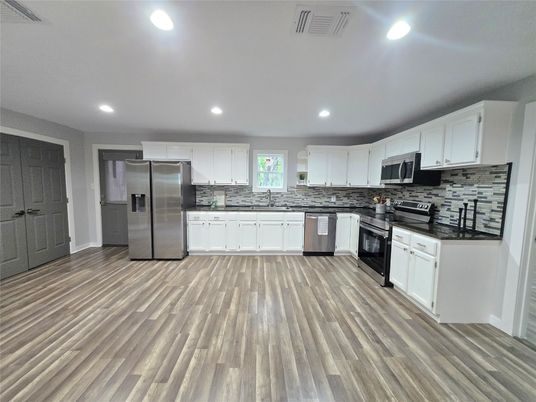 Interior, Kitchen, Recessed Lighting, Stainless Steel Appliances, Wood Texture Flooring