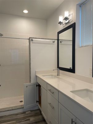 Bathroom, Dual Sink Vanities, Interior, Recessed Lighting, Wood Texture Flooring