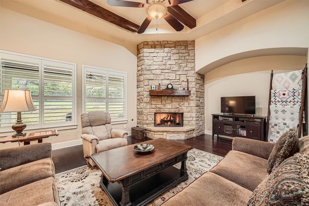 Fireplace, Interior, Living room, Stone Walls, Wood Texture Flooring