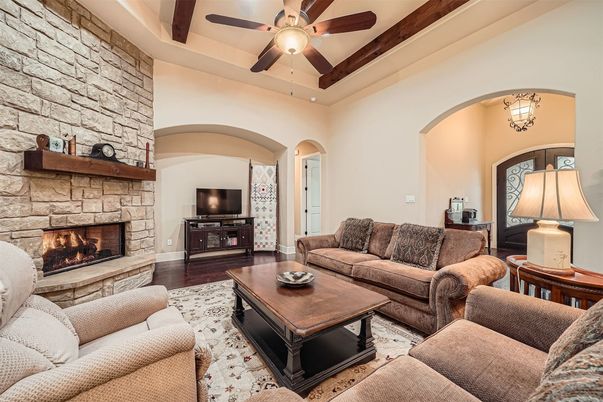 Fireplace, Interior, Living room, Stone Walls, Wood Texture Flooring