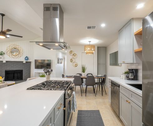 Chandelier, Dining room, Fireplace, Interior, Kitchen, Recessed Lighting