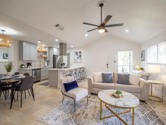 Chandelier, Dining room, Interior, Kitchen, Living room, Recessed Lighting, Stainless Steel Appliances
