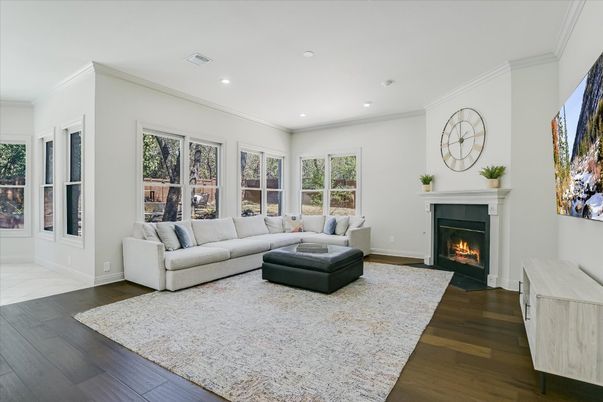 Fireplace, Interior, Living room, Recessed Lighting, Wood Texture Flooring