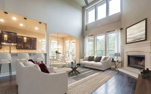 Fireplace, Interior, Living room, Pendant Lights, Wood Texture Flooring