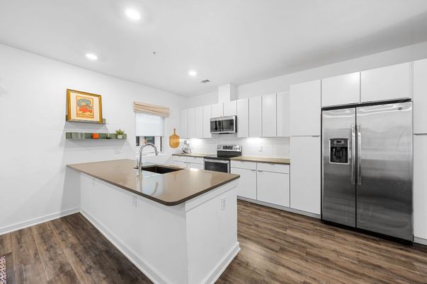 Interior, Kitchen, Recessed Lighting, Stainless Steel Appliances, Wood Texture Flooring
