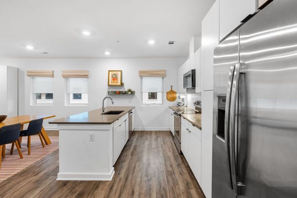 Interior, Kitchen, Recessed Lighting, Stainless Steel Appliances, Wood Texture Flooring