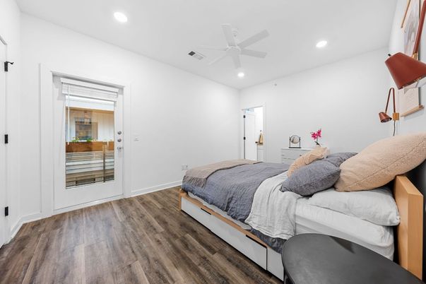 Bedroom, Interior, Recessed Lighting, Wood Texture Flooring