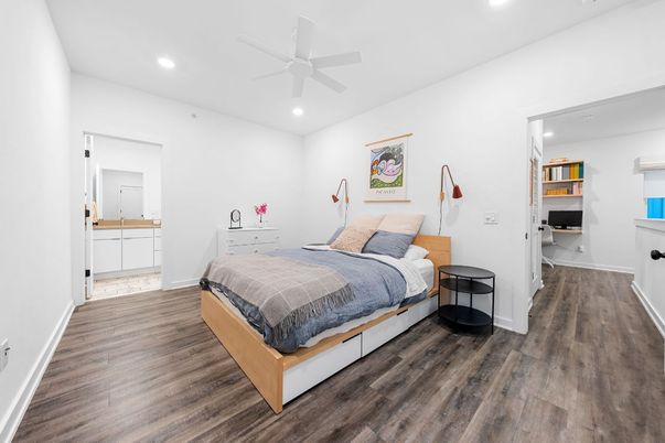 Bedroom, Interior, Recessed Lighting, Wood Texture Flooring