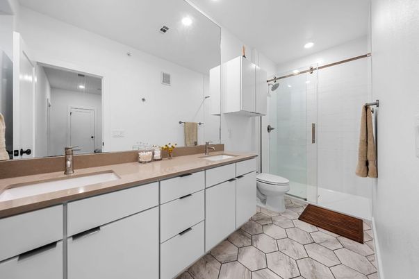 Bathroom, Dual Sink Vanities, Glass Shower, Interior, Recessed Lighting