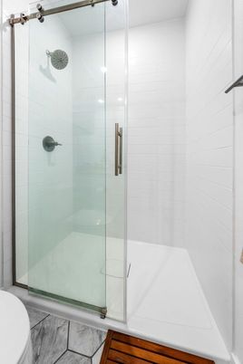 Bathroom, Glass Shower, Interior, Wood Texture Flooring