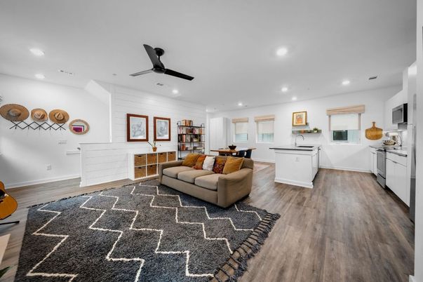 Dining room, Interior, Kitchen, Living room, Recessed Lighting, Wood Texture Flooring
