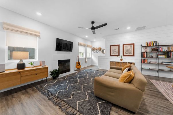 Fireplace, Interior, Living room, Recessed Lighting, Wood Texture Flooring