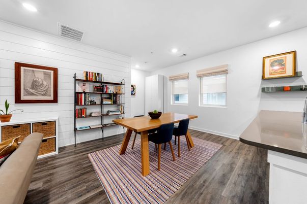 Dining room, Interior, Recessed Lighting, Wood Texture Flooring