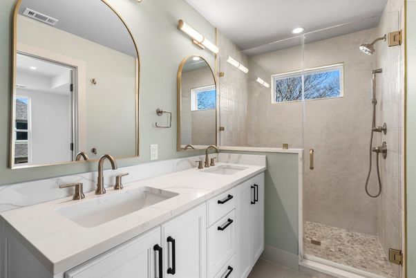 Bathroom, Dual Sink Vanities, Glass Shower, Interior, Recessed Lighting