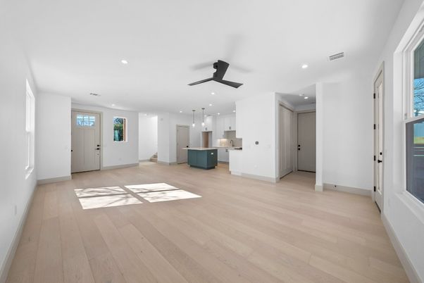 Empty room, Interior, Kitchen, Pendant Lights, Recessed Lighting, Wood Texture Flooring