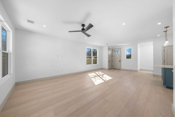 Empty room, Interior, Pendant Lights, Recessed Lighting, Wood Texture Flooring
