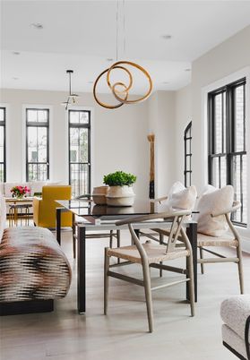 Dining room, Interior, Living room, Pendant Lights, Wood Texture Flooring