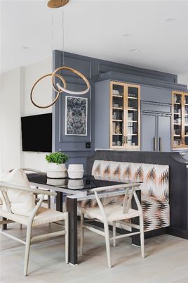 Dining room, Interior, Pendant Lights, Recessed Lighting, Wood Texture Flooring