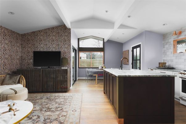 Dining room, Interior, Kitchen, Recessed Lighting, Wood Texture Flooring