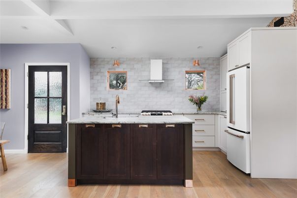 Interior, Kitchen, Recessed Lighting, Stone Walls, Wood Texture Flooring
