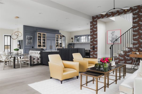 Dining room, Interior, Living room, Pendant Lights, Recessed Lighting, Wood Texture Flooring