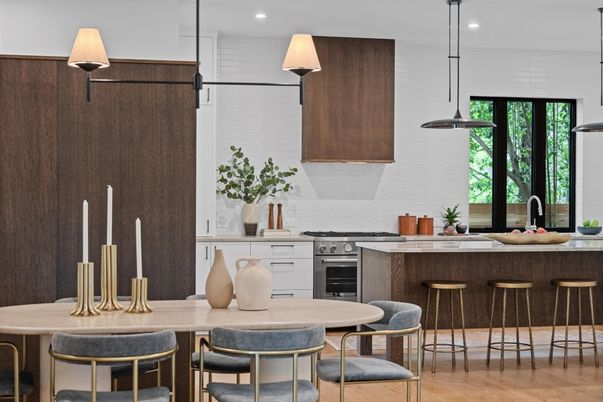 Dining room, Interior, Kitchen, Pendant Lights, Recessed Lighting, Stainless Steel Appliances, Wood Texture Flooring